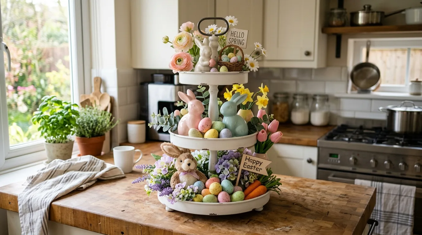 Tiered tray decorated with Easter bunnies and eggs